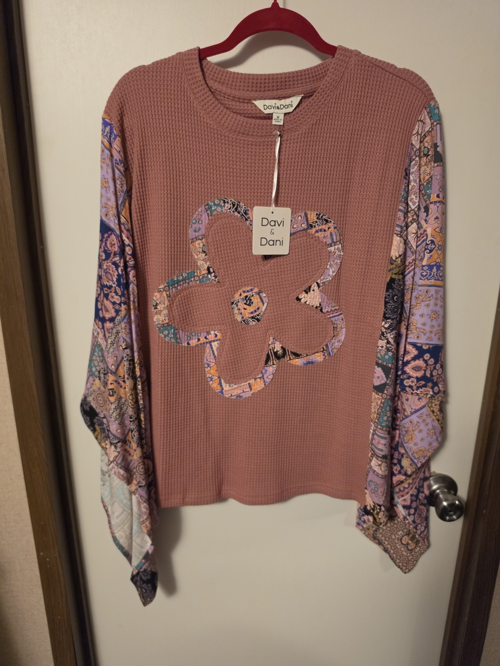 DAVI & DANI Mauve Waffle Knit Top with Patchwork Floral Sleeves.